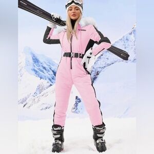 Women's Pink Ski Jumpsuit with Fur Trim